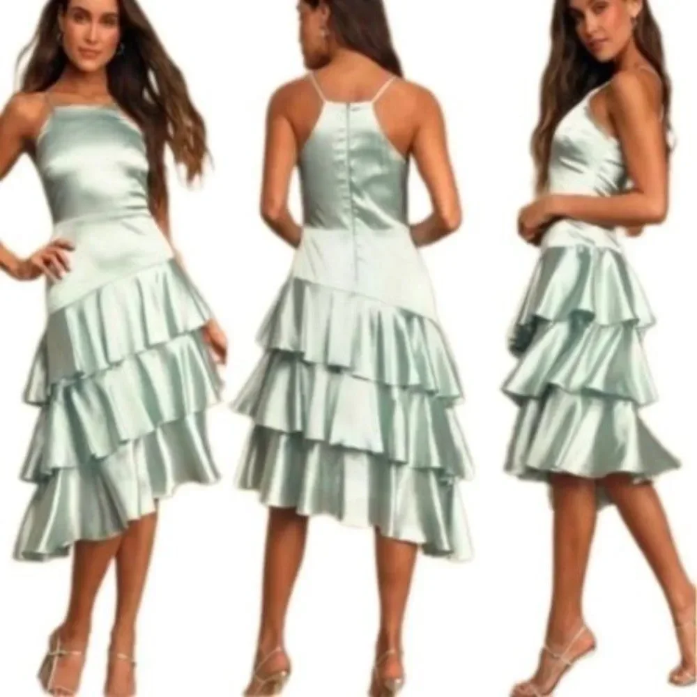 Lulus Mint Blue Satin Tiered Asymmetrical Midi Dress - Picture 1 of 14
